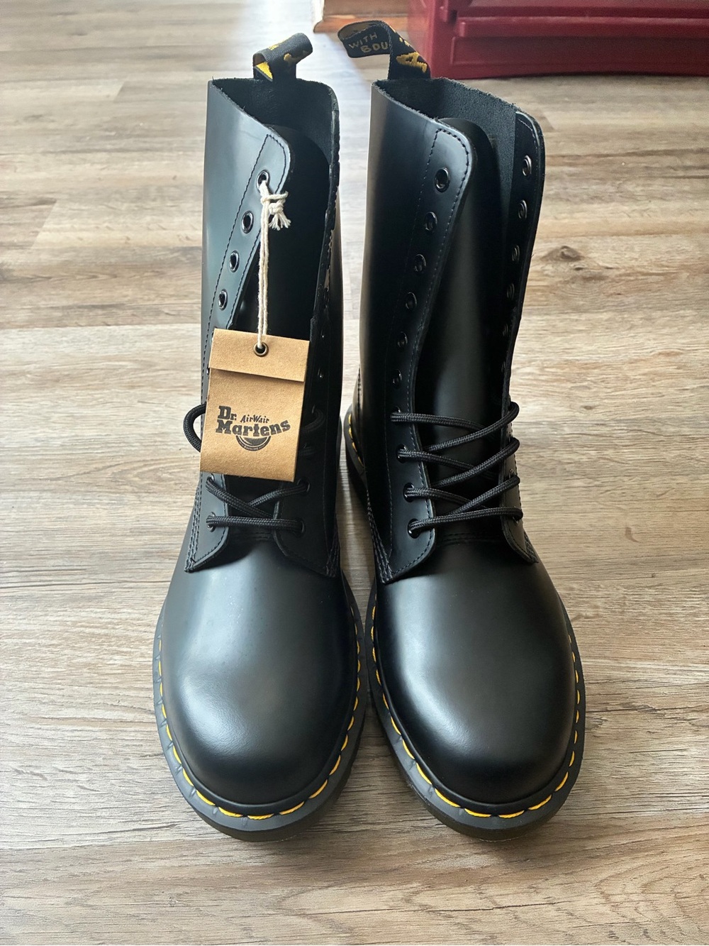 Dr. Martens Black Leather Lace-Up Boots with Yellow Stitching